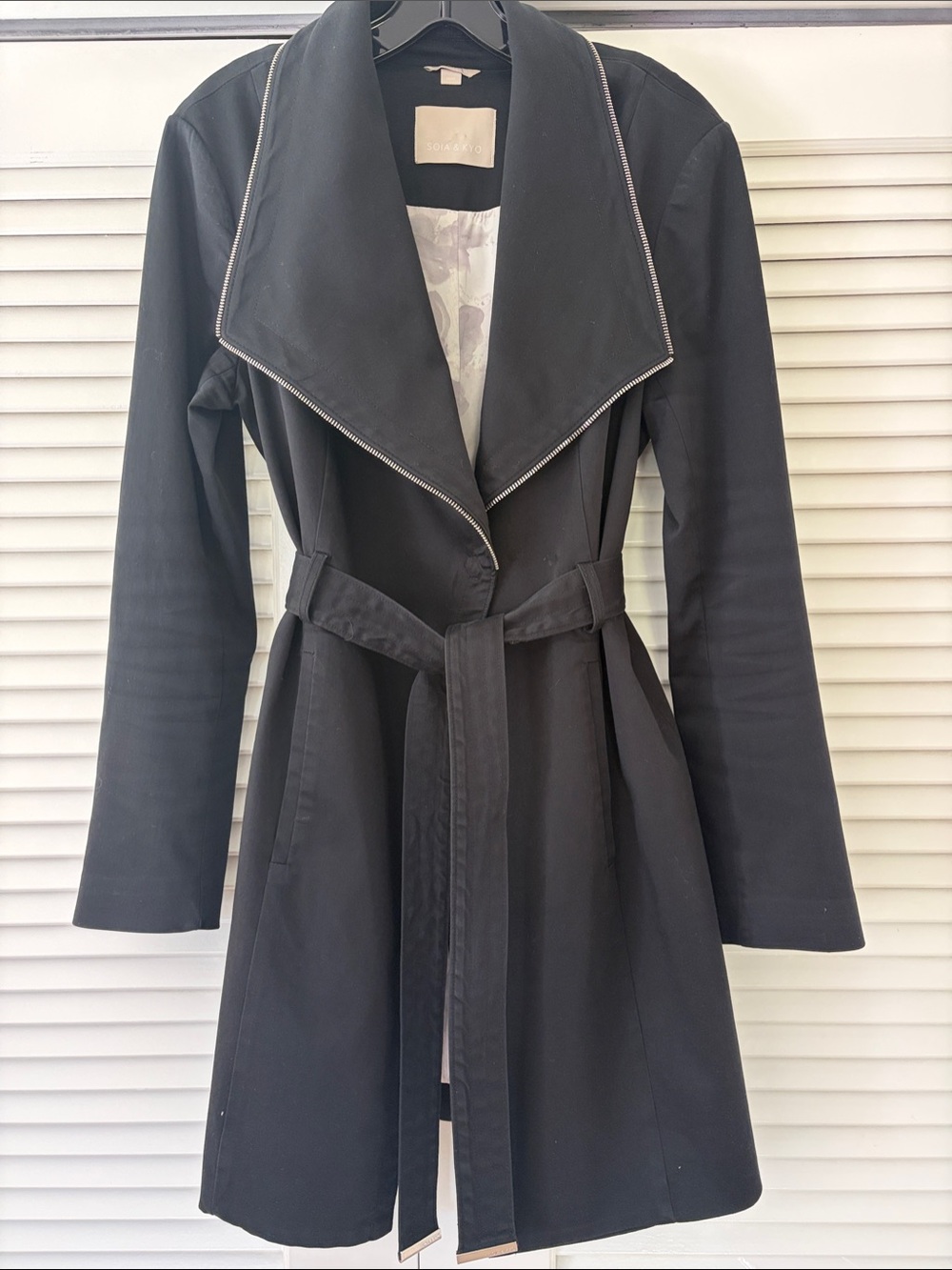 Soia & Kyo Black Belted Trench Coat with Contrast Zipper Trim